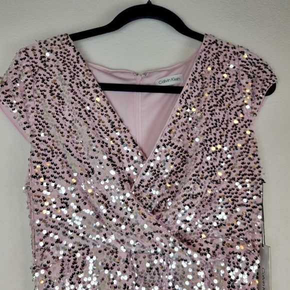 NWT Calvin Klein Sequined V-Neck Cap Sleeve Dress Cherry Blossom Silver - Picture 6 of 12